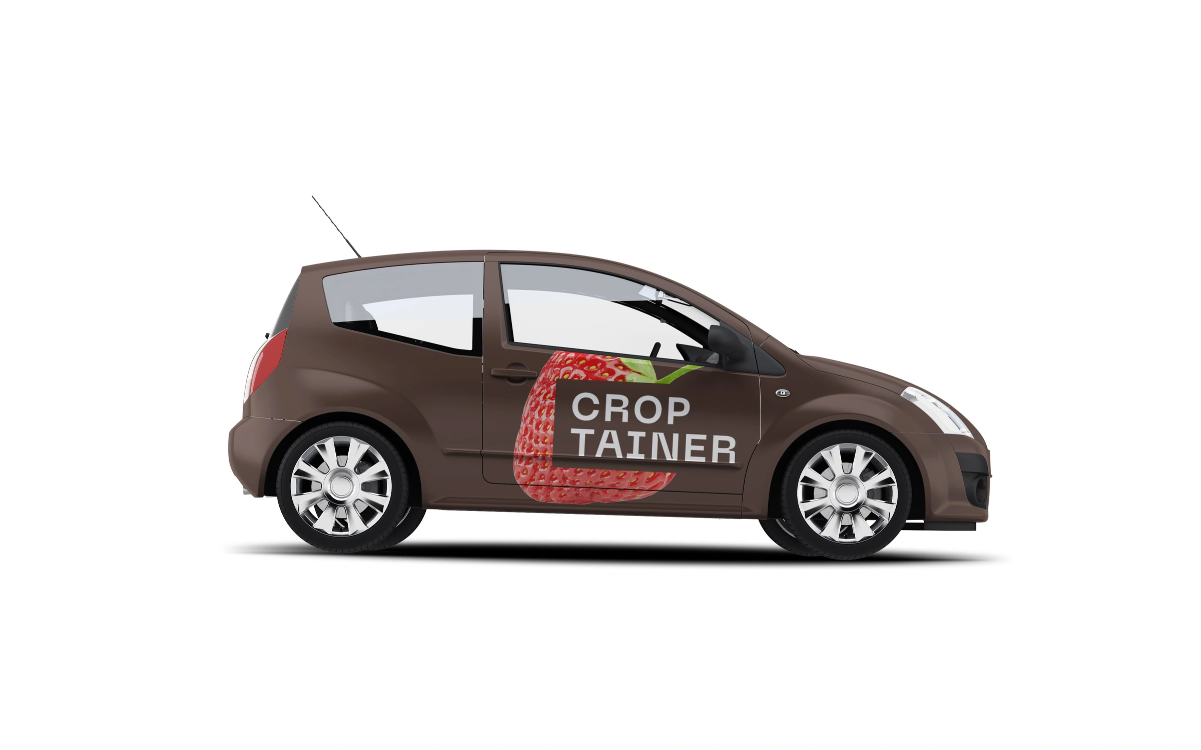 Original Croptainer vehicle mockup with a large photographic strawberry logo