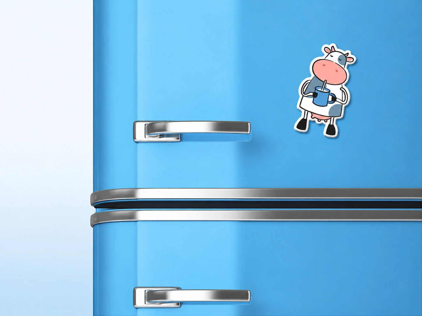 Slivka cow character as a magnet on a blue refrigerator